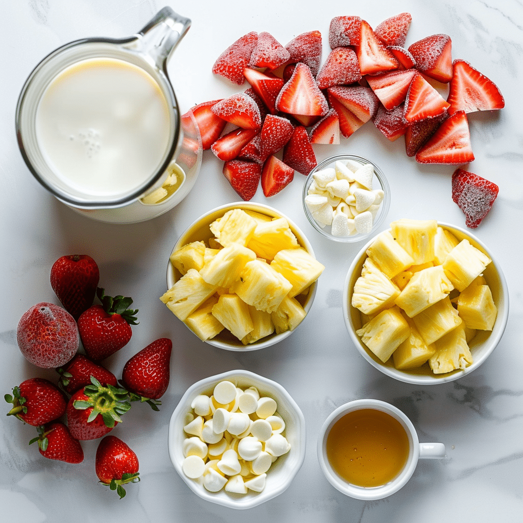 Tropical Smoothie Bahama Mama Recipe: Make This Copycat in 5 Minutes tropical smoothie bahama mama recipe Bahama Mama smoothie ingredients flat lay
