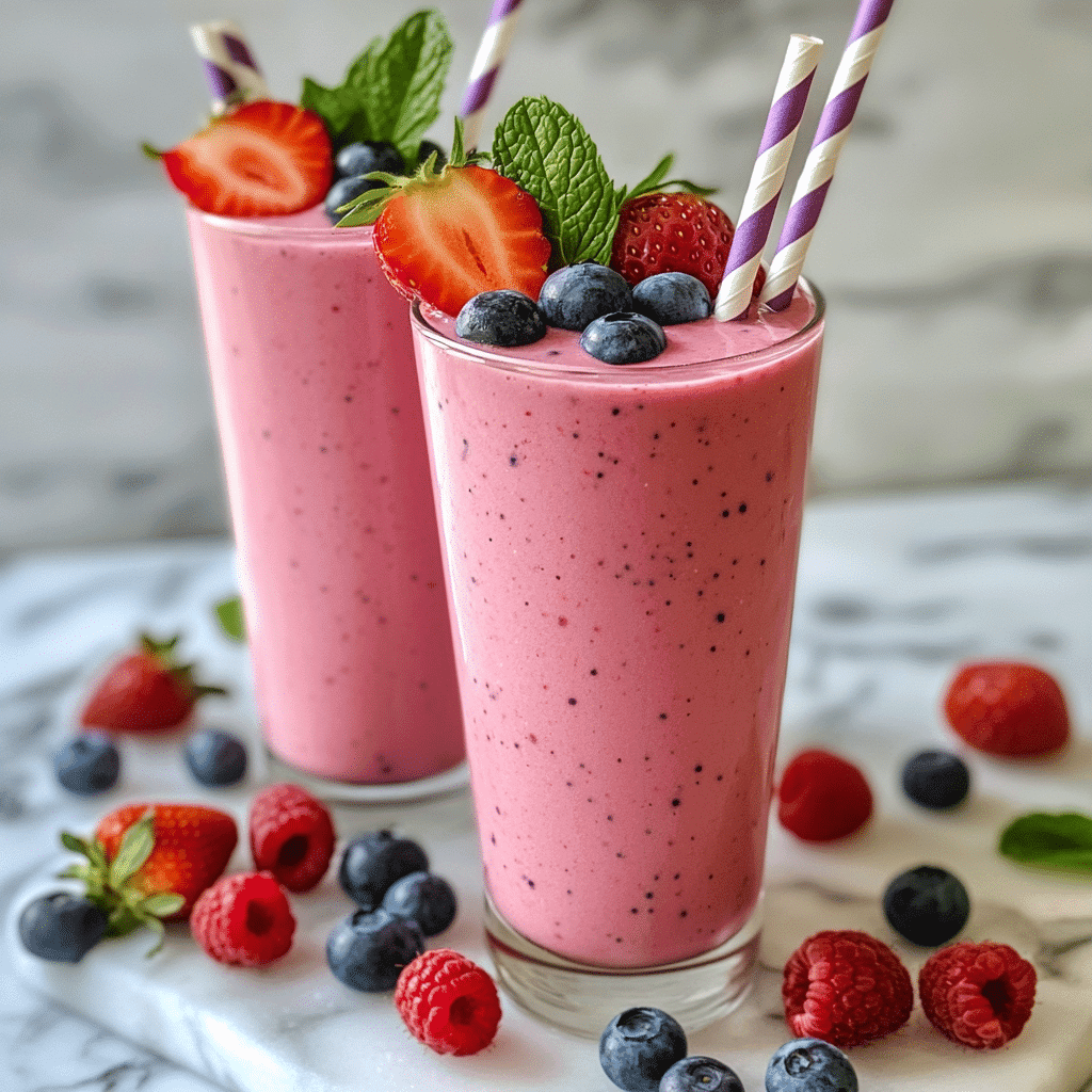 Creamy berry smoothie yogurt in a glass with berries on top