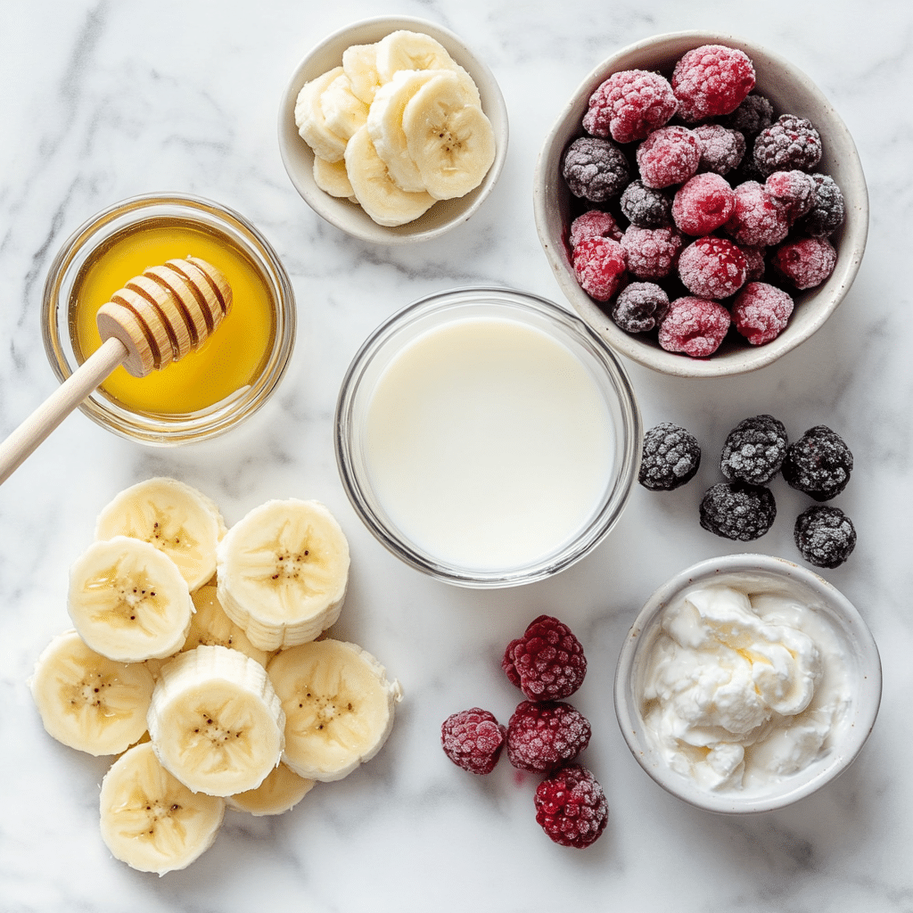Berry Smoothie Yogurt Recipe – Quick, Creamy, and Delicious Berry Smoothie Yogurt Ingredients for berry smoothie yogurt on a kitchen counter