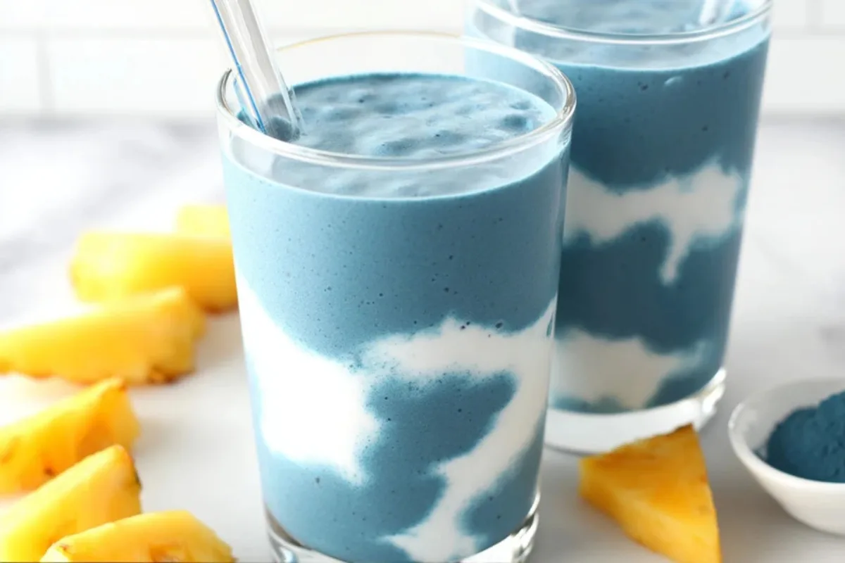 blue spirulina smoothie in a glass with fruit on white marble background