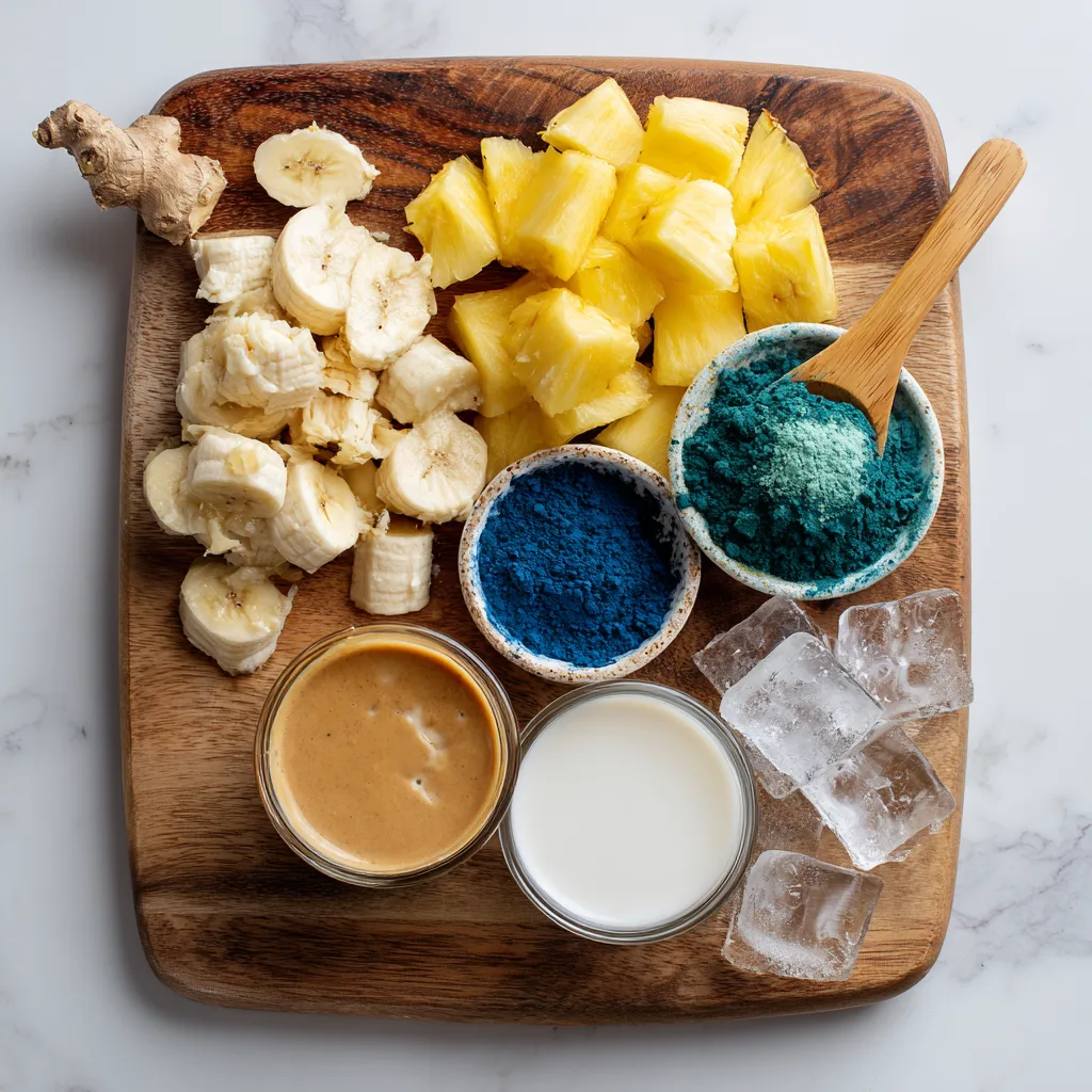 Blue Spirulina Smoothie: Delicious Detox and Superfood Power in One Glass blue spirulina smoothie blue spirulina smoothie ingredients laid out on wooden board