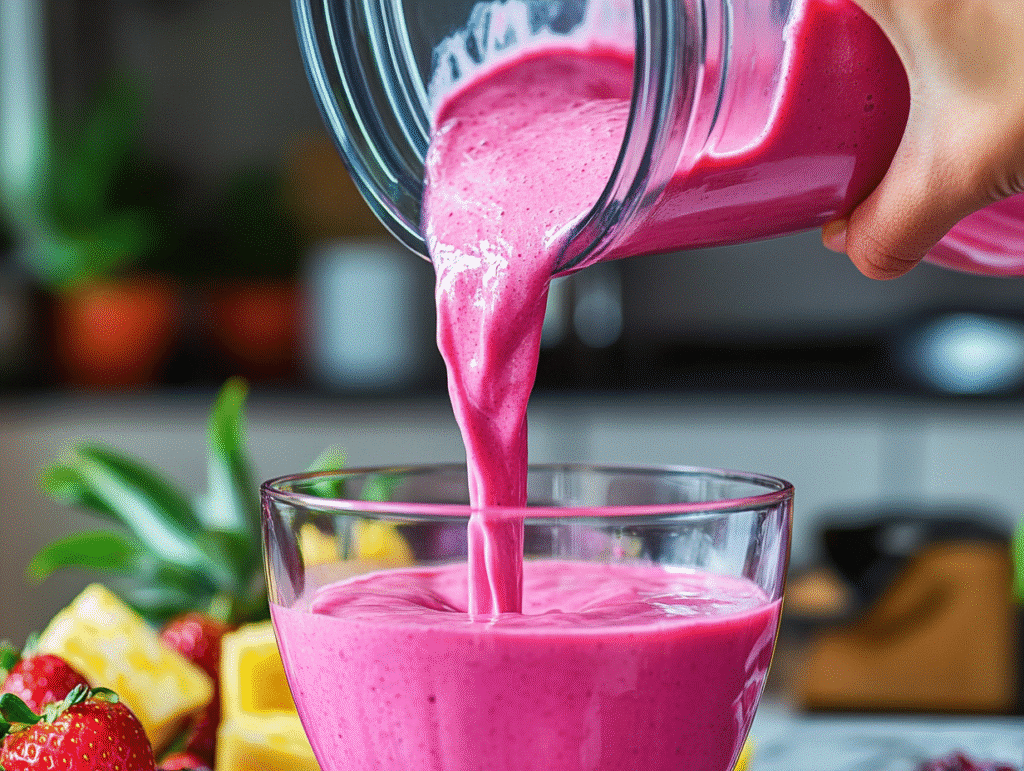 Bahama Mama Smoothie Bowl Recipe: Tropical Bliss in Every Spoonful bahama mama smoothie bowl recipe Pouring Bahama Mama smoothie into bowl