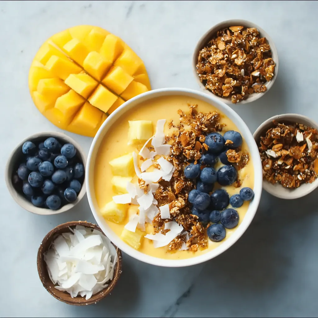 Mango Smoothie Bowl: A Colorful, Healthy, and Thick Tropical Breakfast Treat Mango Smoothie Bowl flat lay of mango smoothie bowl ingredients on kitchen counter