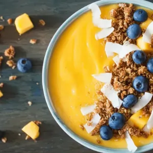 Mango Smoothie Bowl: A Colorful, Healthy, and Thick Tropical Breakfast Treat Mango Smoothie Bowl served mango smoothie bowl with spoon and tropical toppings