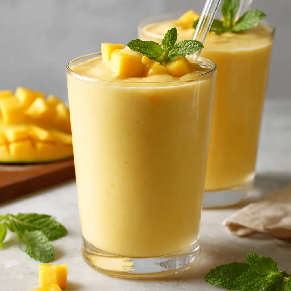 Mango Smoothie Recipe That’s Creamy, Healthy, and Delicious Mango Smoothie Recipe served mango smoothies with mint and diced fruit