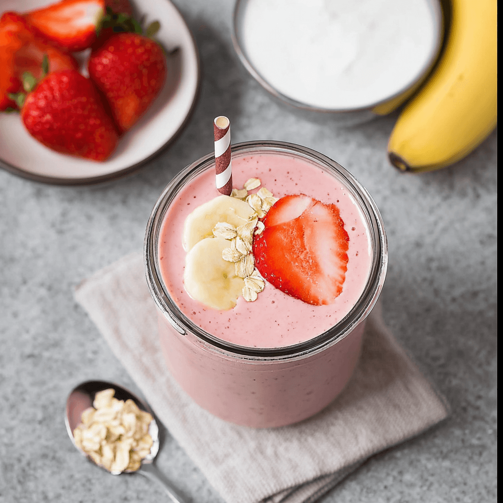 The Only Greek Yogurt Smoothie Recipe You'll Ever Need greek yogurt smoothie Greek yogurt smoothie served in mason jar with toppings