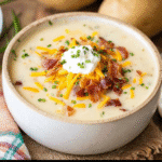Loaded baked potato soup with bacon, cheese, and sour cream