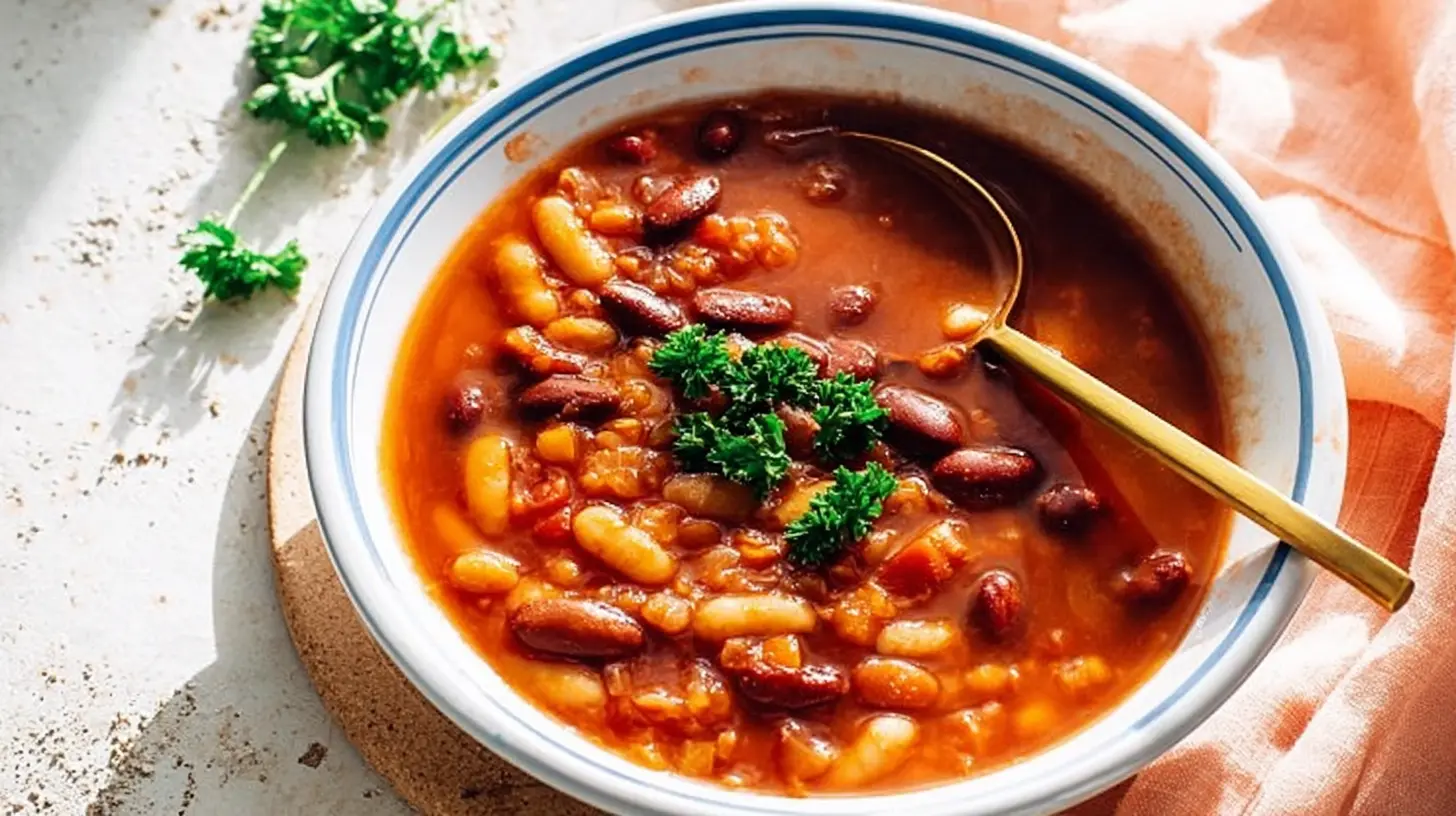 Vibrant bowl of bean soup with kidney and cannellini beans, garnished with parsley.