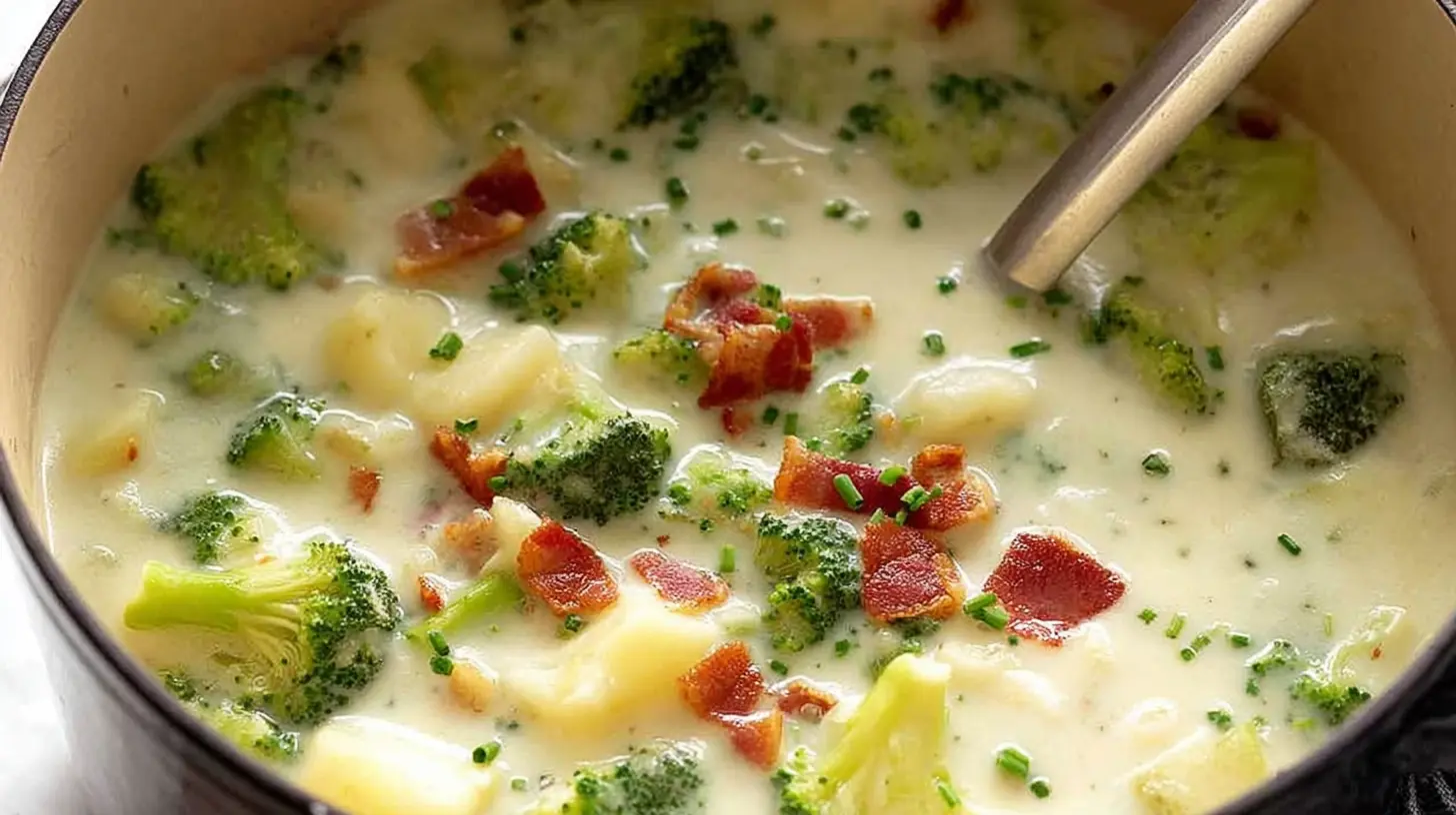 Close-up of creamy broccoli potato soup with bacon and chives in a rustic pot.