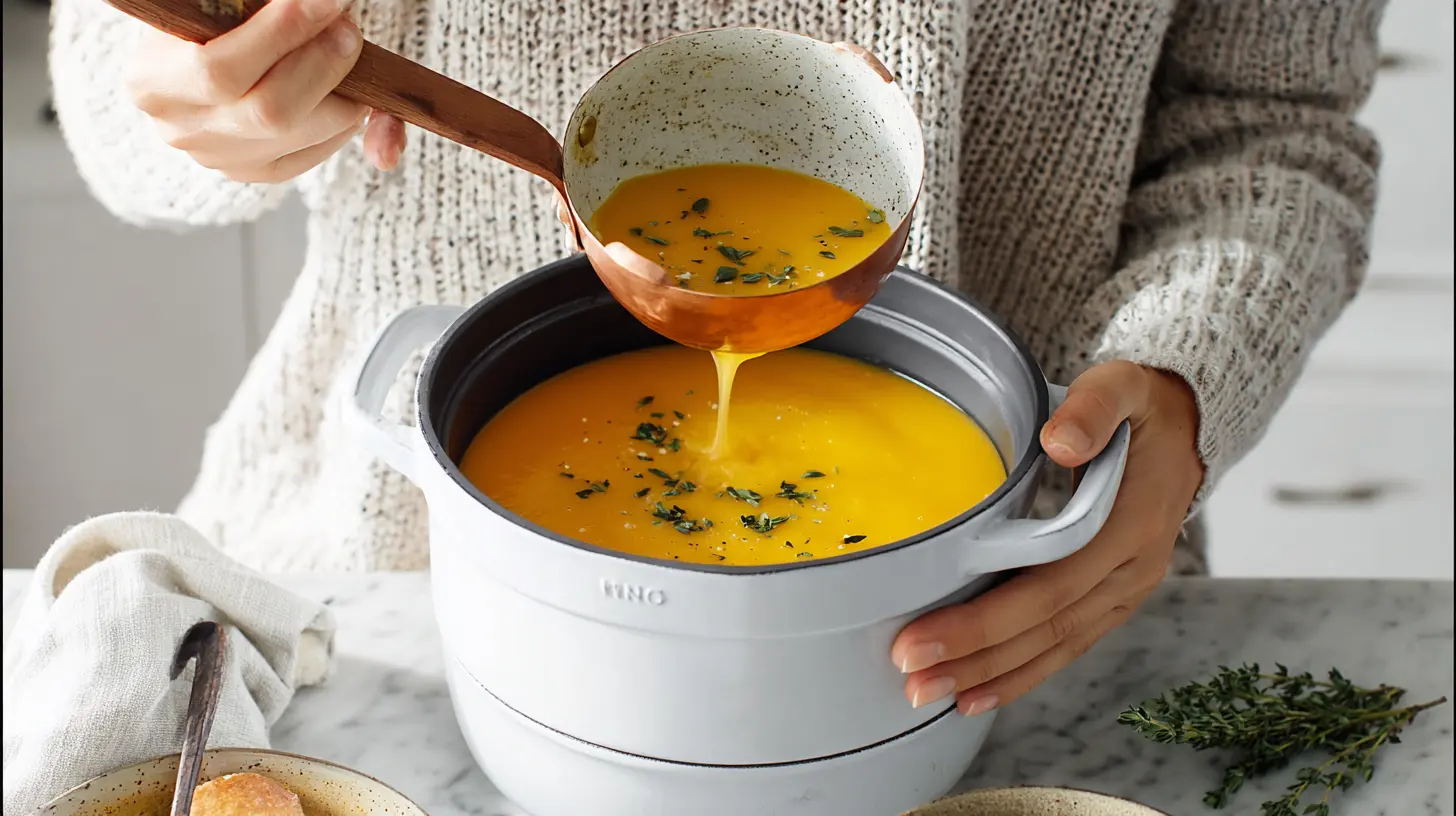 The Best Creamy Butternut Squash Soup Recipe butternut squash soup Person in a cozy sweater serving vibrant butternut squash soup from a white Dutch oven with a copper ladle.
