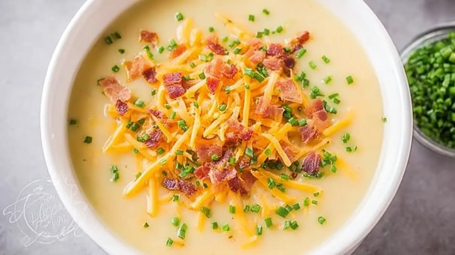 Overhead view of a creamy cheesy potato soup generously topped with shredded cheddar, crispy bacon, and fresh chives.