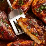 Perfectly glazed and herb-garnished chicken breast cooking in a cast-iron skillet, inspiring new chicken breast recipes.