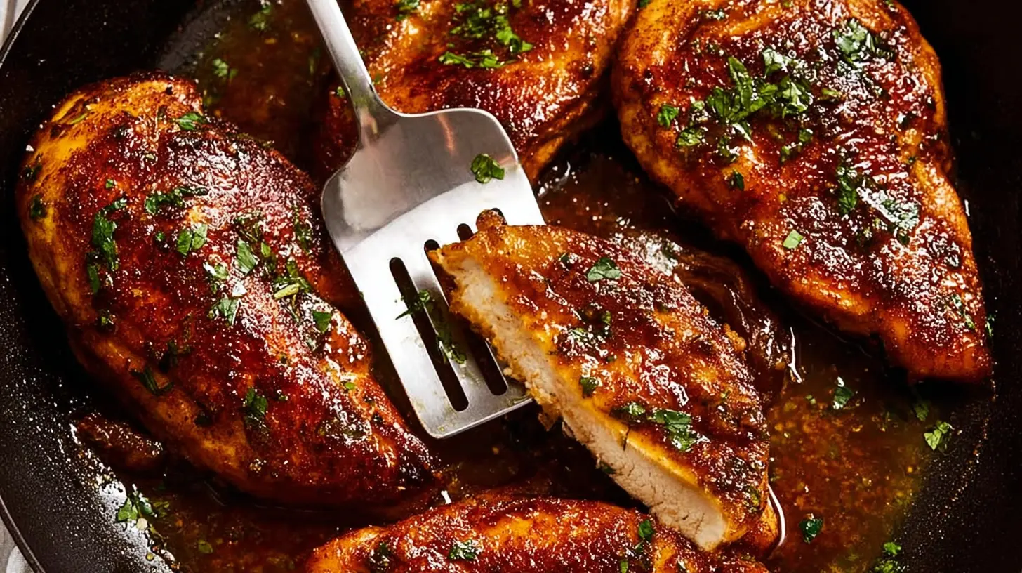 Perfectly glazed and herb-garnished chicken breast cooking in a cast-iron skillet, inspiring new chicken breast recipes.