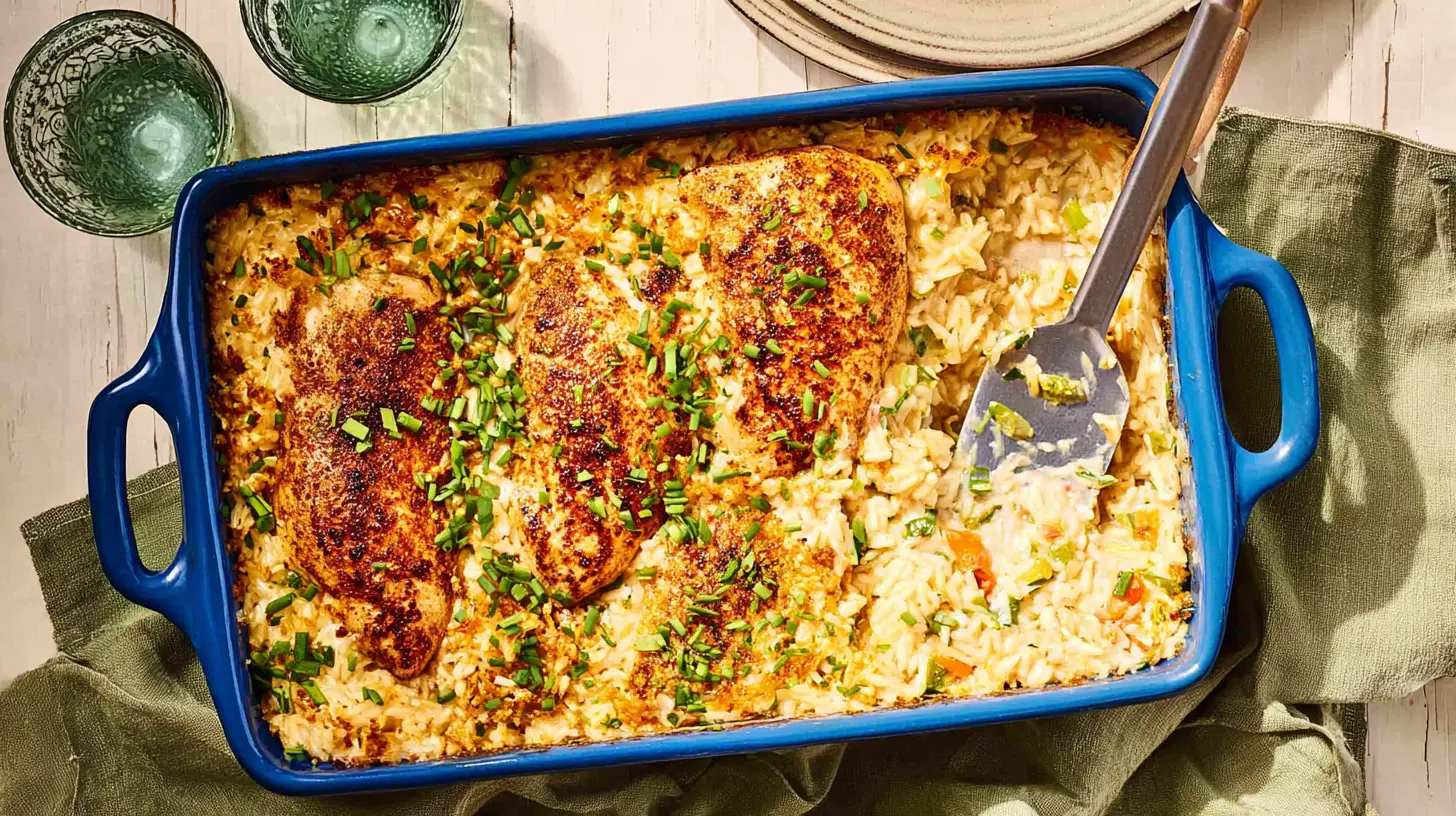 A vibrant chicken and rice casserole in a royal blue baking dish on a rustic wooden table, showcasing delicious chicken casserole recipes.