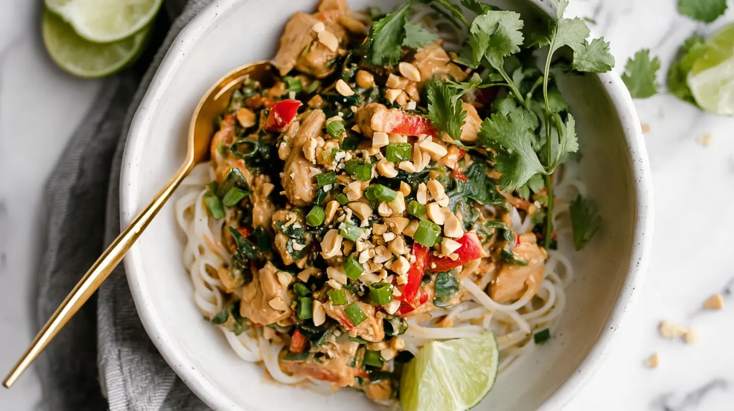 Vibrant Thai peanut chicken noodle bowl, a delicious chicken dish inspiring creative meals; explore *chicken crockpot recipes* for tender options.