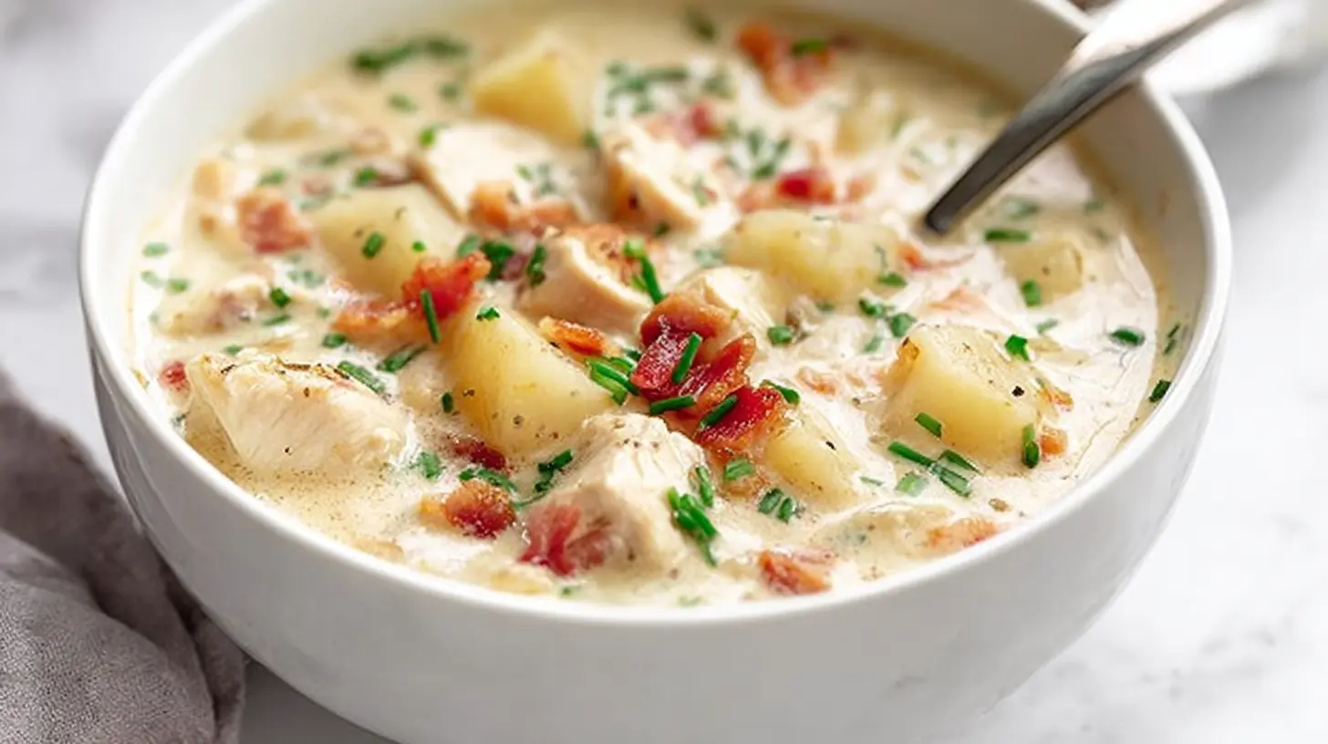 Close-up of a hearty bowl of creamy chicken potato soup with bacon and chives.