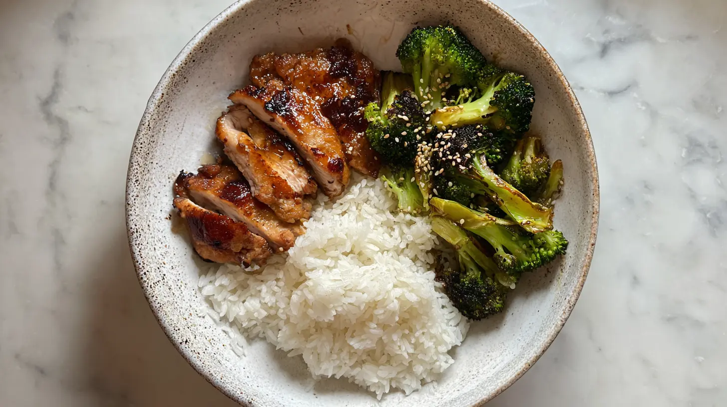 Top-down view of glazed chicken thigh recipes with rice and roasted broccoli in a rustic bowl on a marble surface.