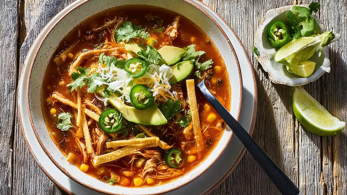 Classic Chicken Tortilla Soup: An Easy & Flavorful Recipe chicken tortilla soup Vibrant bowl of chicken tortilla soup garnished with crispy tortilla strips, avocado, jalapeños, cilantro, and cheese on a rustic wooden table.