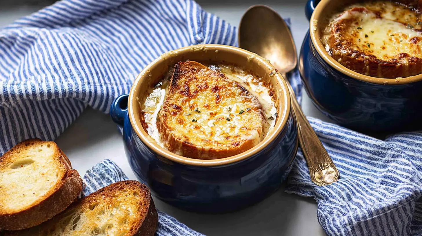 Ultimate Classic French Onion Soup Recipe french onion soup Two inviting bowls of classic French Onion Soup with bubbly melted cheese and toasted bread on a striped fabric.