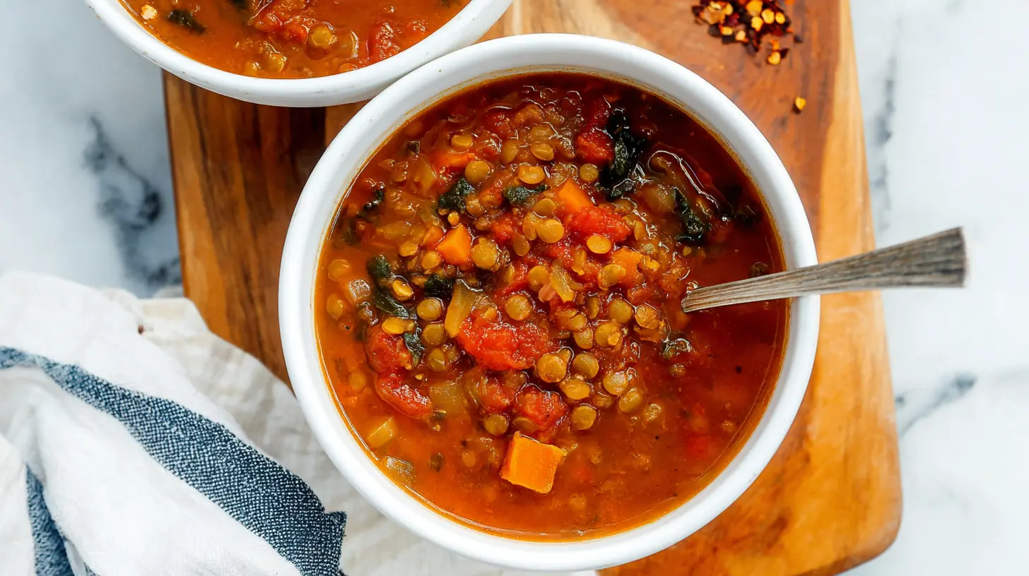 Hearty overhead shot of a vibrant lentil soup bowl with rustic styling.