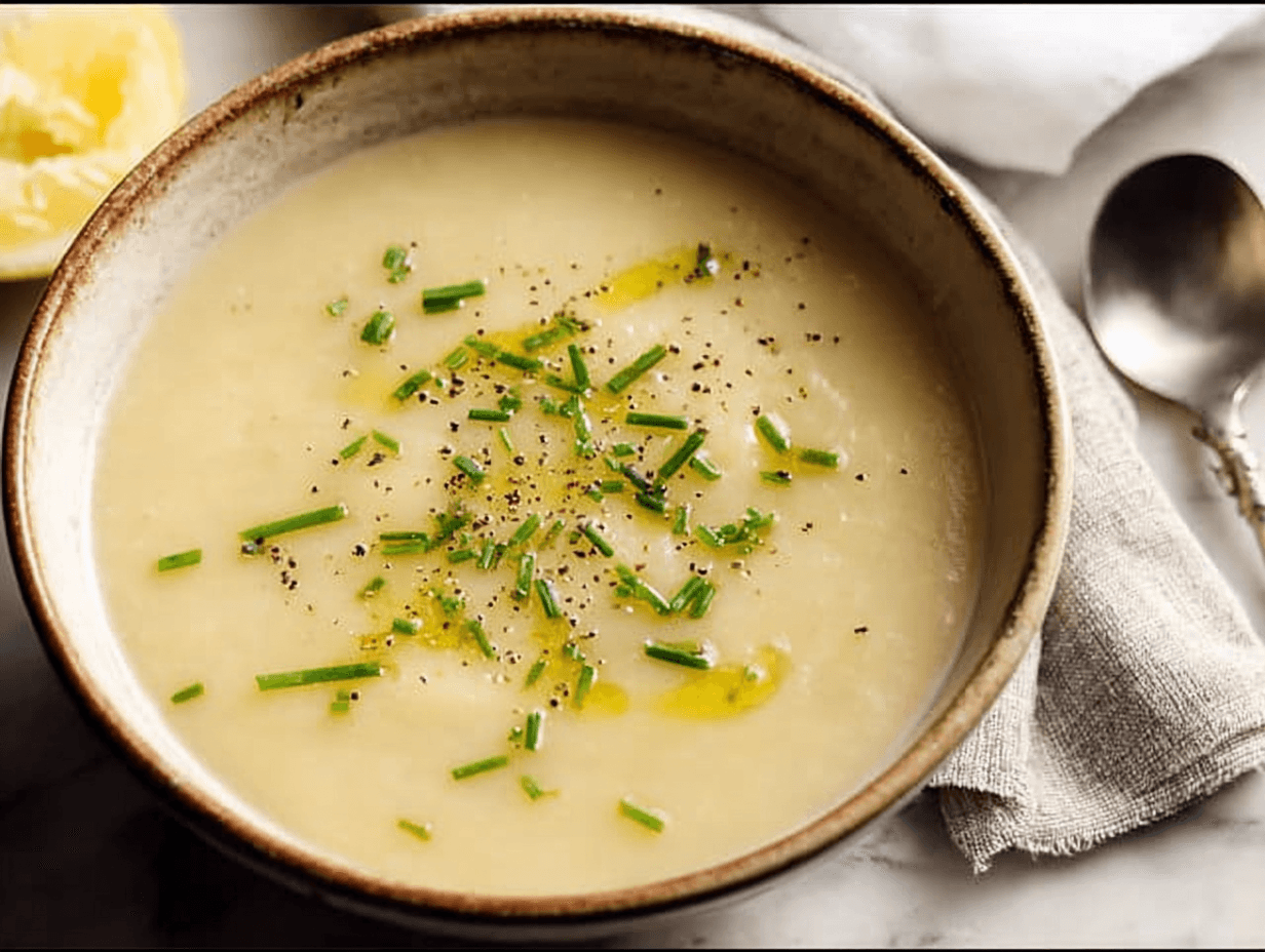 creamy potato leek soup in a bowl with chives garnish