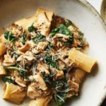 Rustic pasta dish with shredded rotisserie chicken, spinach, and grated cheese, inspiring delicious rotisserie chicken recipes.