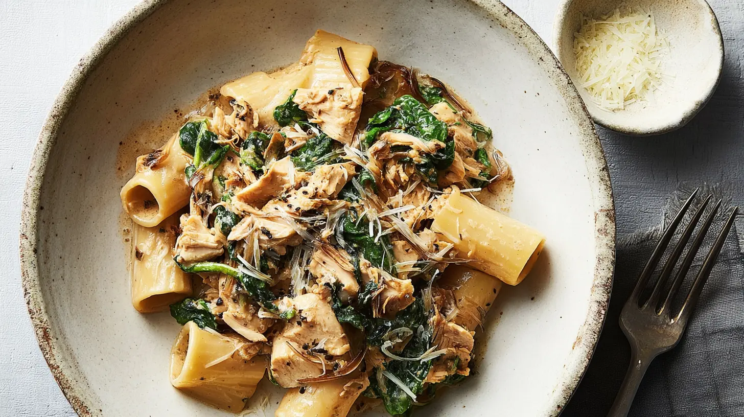 Rustic pasta dish with shredded rotisserie chicken, spinach, and grated cheese, inspiring delicious rotisserie chicken recipes.