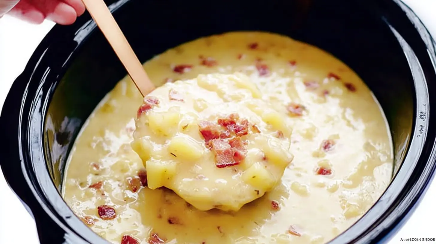 Close-up of a rich, creamy slow cooker potato soup with tender potatoes and crispy bacon being served from a black slow cooker.