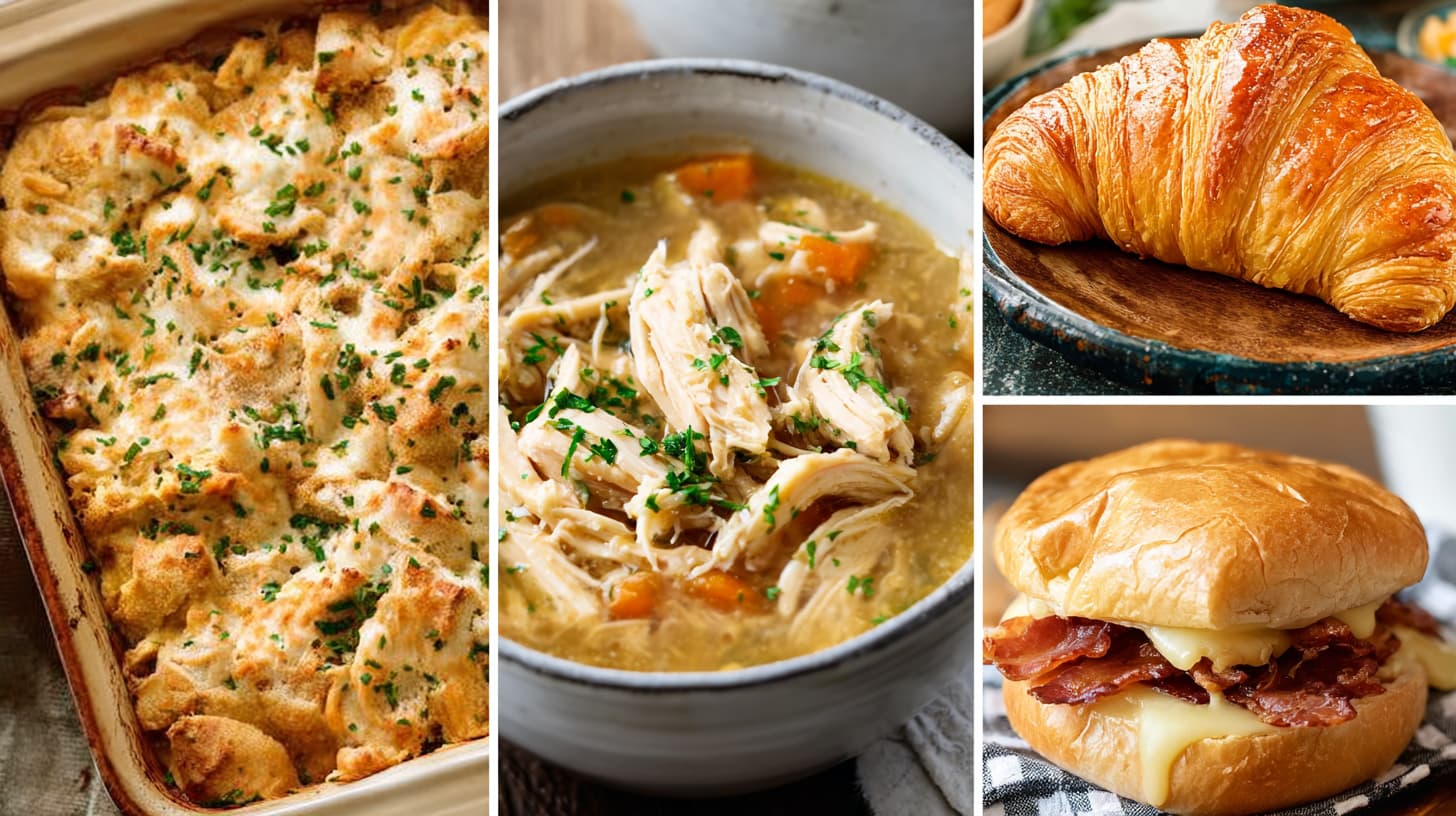 A collage of four tempting dishes, including a creamy chicken casserole, a croissant sandwich, a pulled chicken bun, and chicken corn soup, showcasing diverse canned chicken recipes.