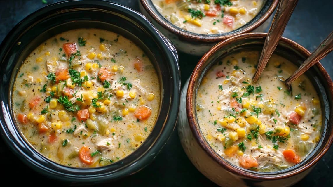 Delicious Crockpot Soup Recipes: The Ultimate Guide crockpot soup Delicious creamy chicken and vegetable crockpot soup in various bowls and a slow cooker.