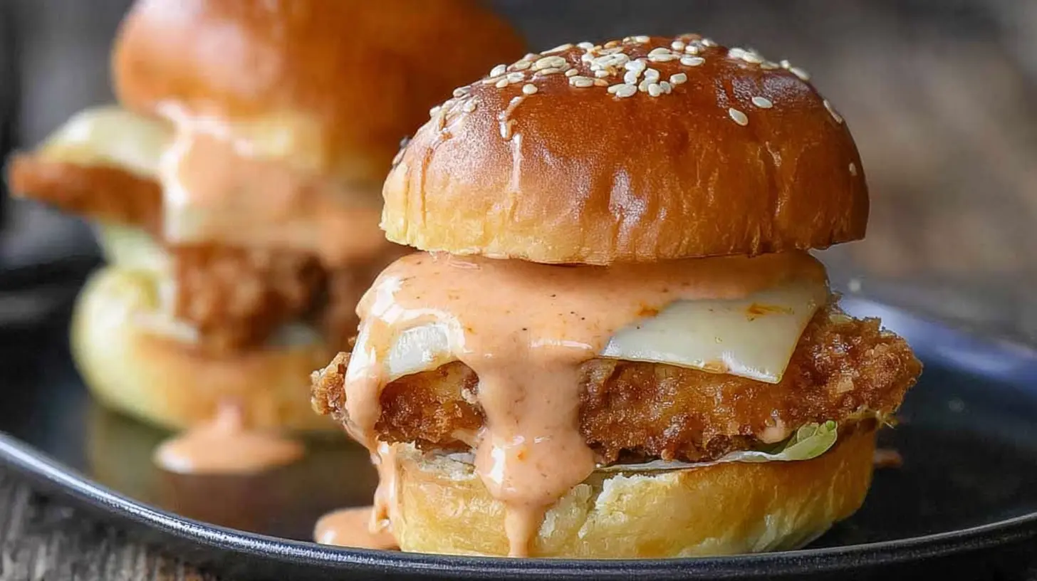 Close-up of an appetizing crispy bang bang chicken sliders recipe with creamy sauce and melted cheese on a brioche bun.
