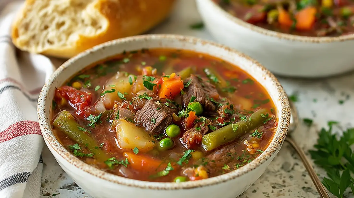 Hearty beef vegetable soup in a rustic bowl, featuring tender beef, potatoes, carrots, and fresh herbs.