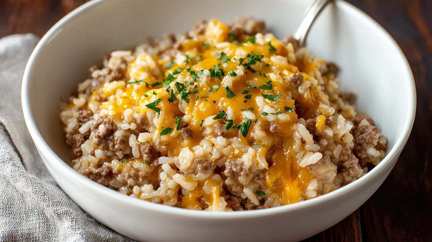 Close-up of a warm, inviting Cheesy Ground Beef and Rice Casserole in a white bowl, topped with melted cheese and fresh parsley.