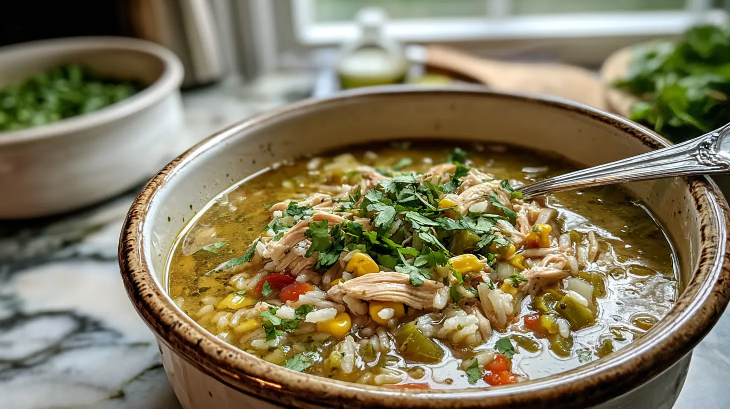A rustic ceramic bowl of Cozy Salsa Verde Chicken & Rice Soup recipe, garnished with fresh cilantro, on a marble countertop.