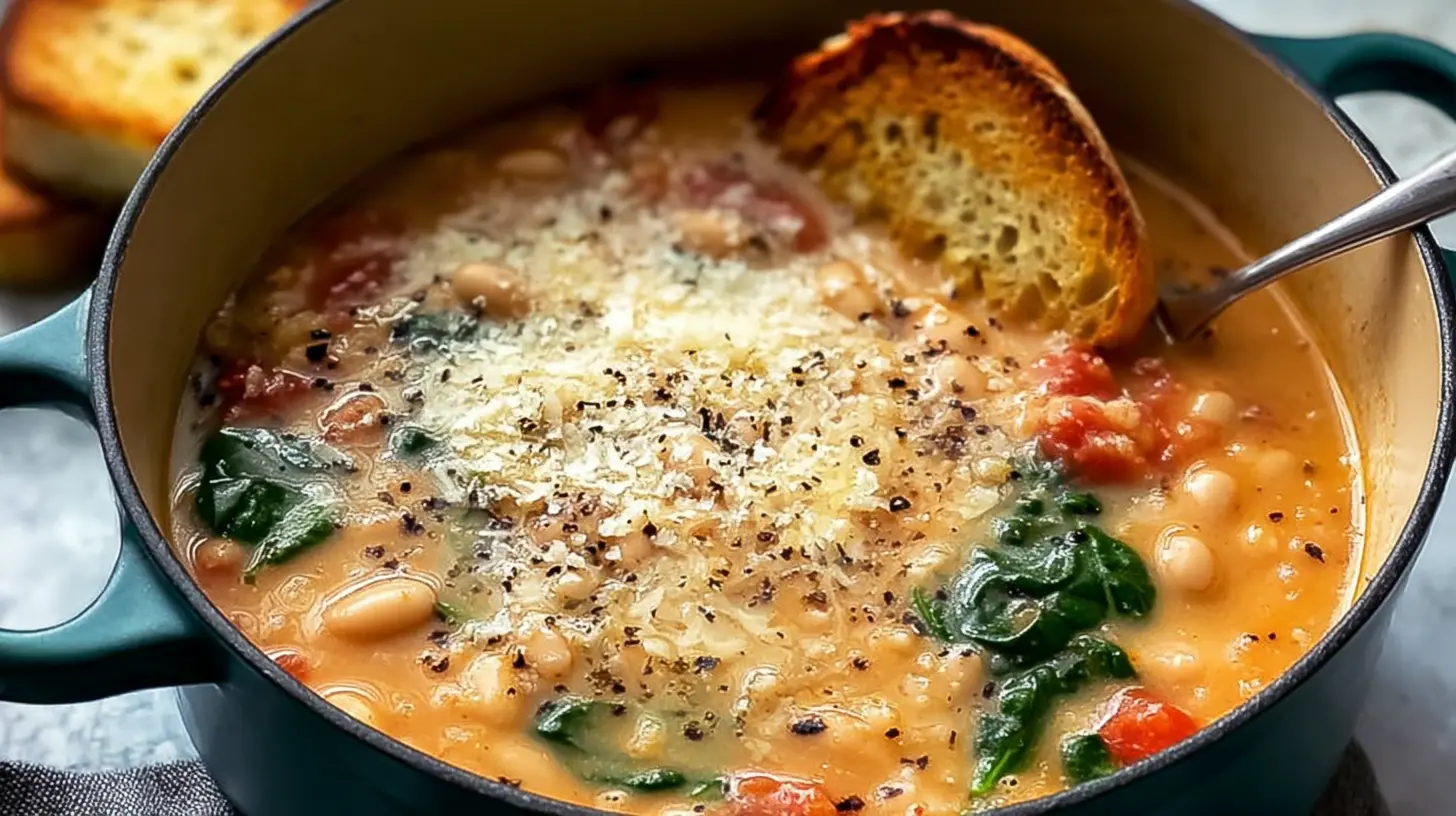 A close-up of a hearty Creamy Parmesan Tuscano Soup Recipe, garnished with grated Parmesan and black pepper, served in a teal cast iron pot with toasted bread.