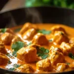 Steaming, creamy Effortless Texas Roadhouse Butter Chicken garnished with cilantro in a rustic cast-iron pan.