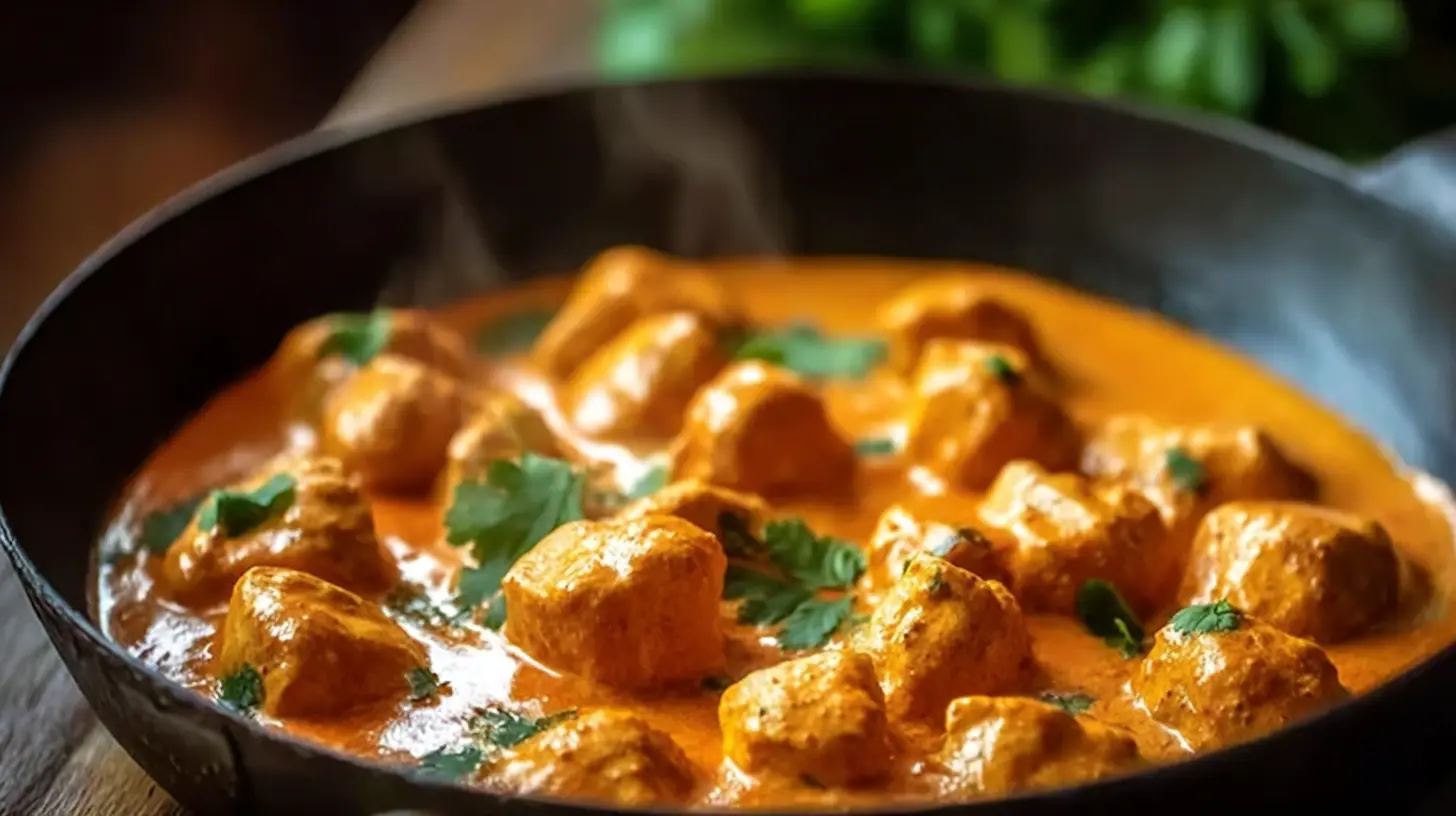 Steaming, creamy Effortless Texas Roadhouse Butter Chicken garnished with cilantro in a rustic cast-iron pan.