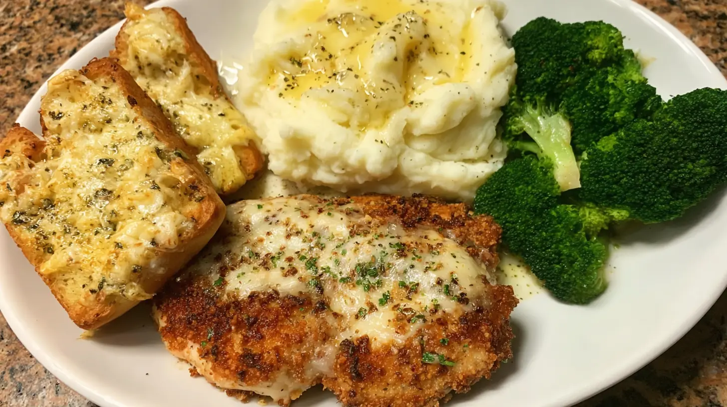 A well-prepared plate featuring crispy Longhorn Steakhouse Parmesan Chicken with melted cheese, mashed potatoes, broccoli, and cheesy garlic bread.