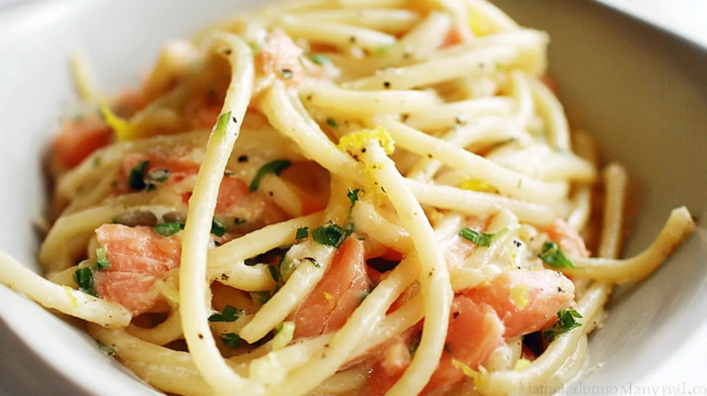Close-up of a creamy pasta dish with smoked salmon, garnished with herbs and lemon zest, illustrating a simple pasta recipe.