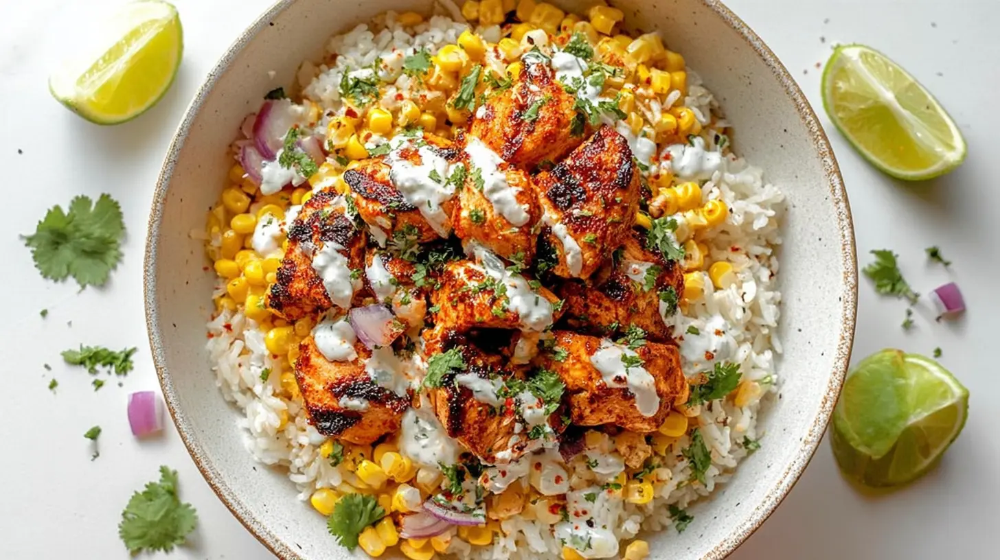 A vibrant Street Corn Chicken Rice Bowl Recipe, featuring grilled chicken, fluffy rice, yellow corn, fresh cilantro, red onion, and a creamy sauce, garnished with lime.