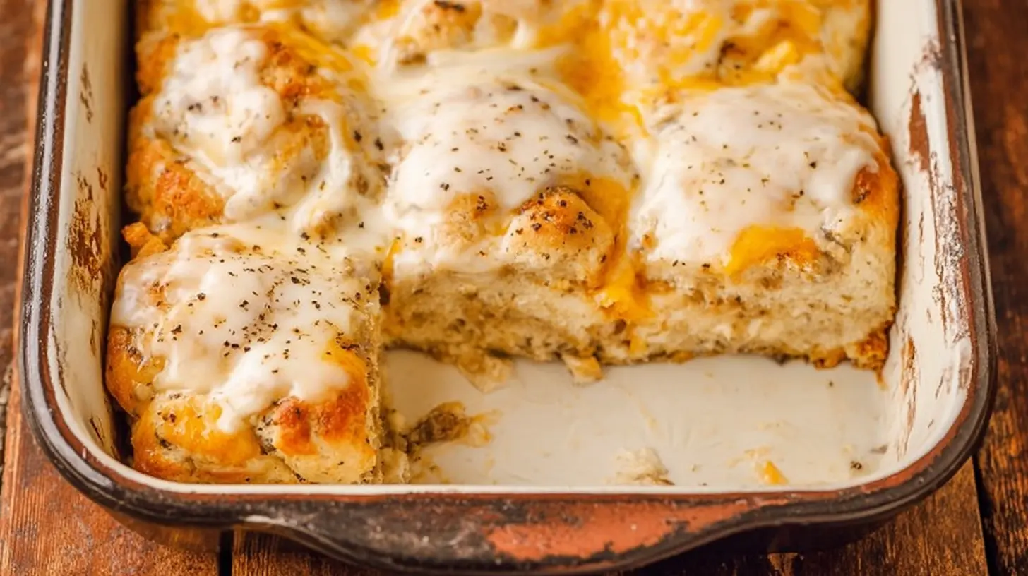 A close-up of a savory biscuits and gravy breakfast casserole, topped with melted cheese and black pepper, served in a rustic baking dish on a wooden table.