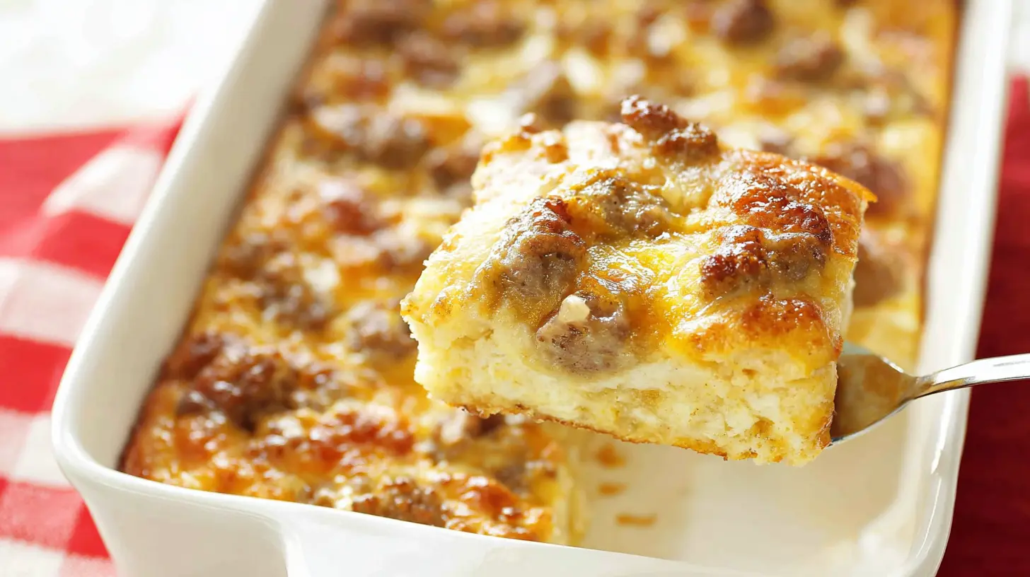 Close-up of a golden-brown breakfast casserole with biscuits, featuring savory sausage, melted cheese, and a fluffy egg base, being served from a white baking dish.