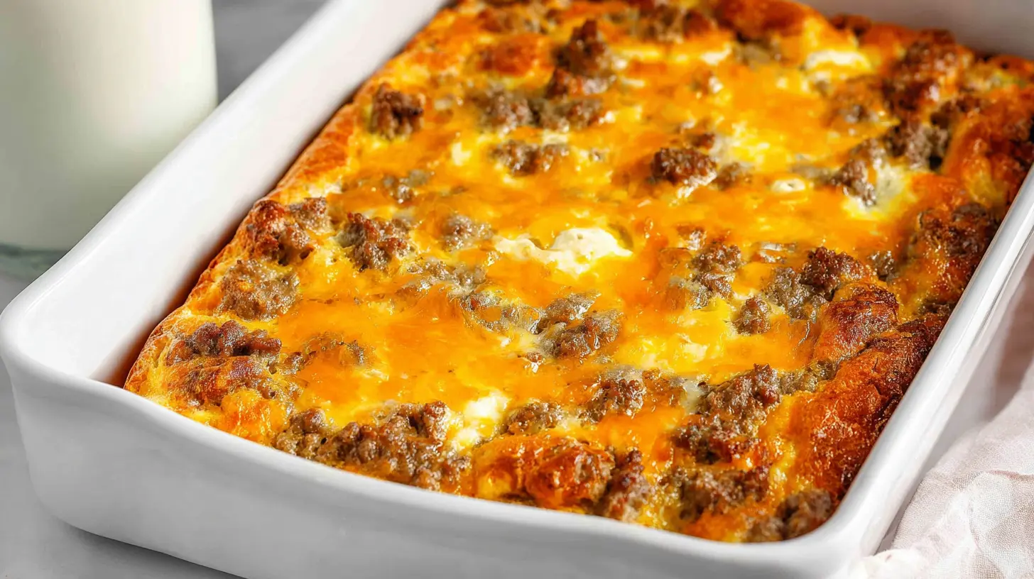 Appetizing close-up of a golden breakfast casserole with crescent rolls, featuring melted cheddar and crumbled sausage in a white baking dish.