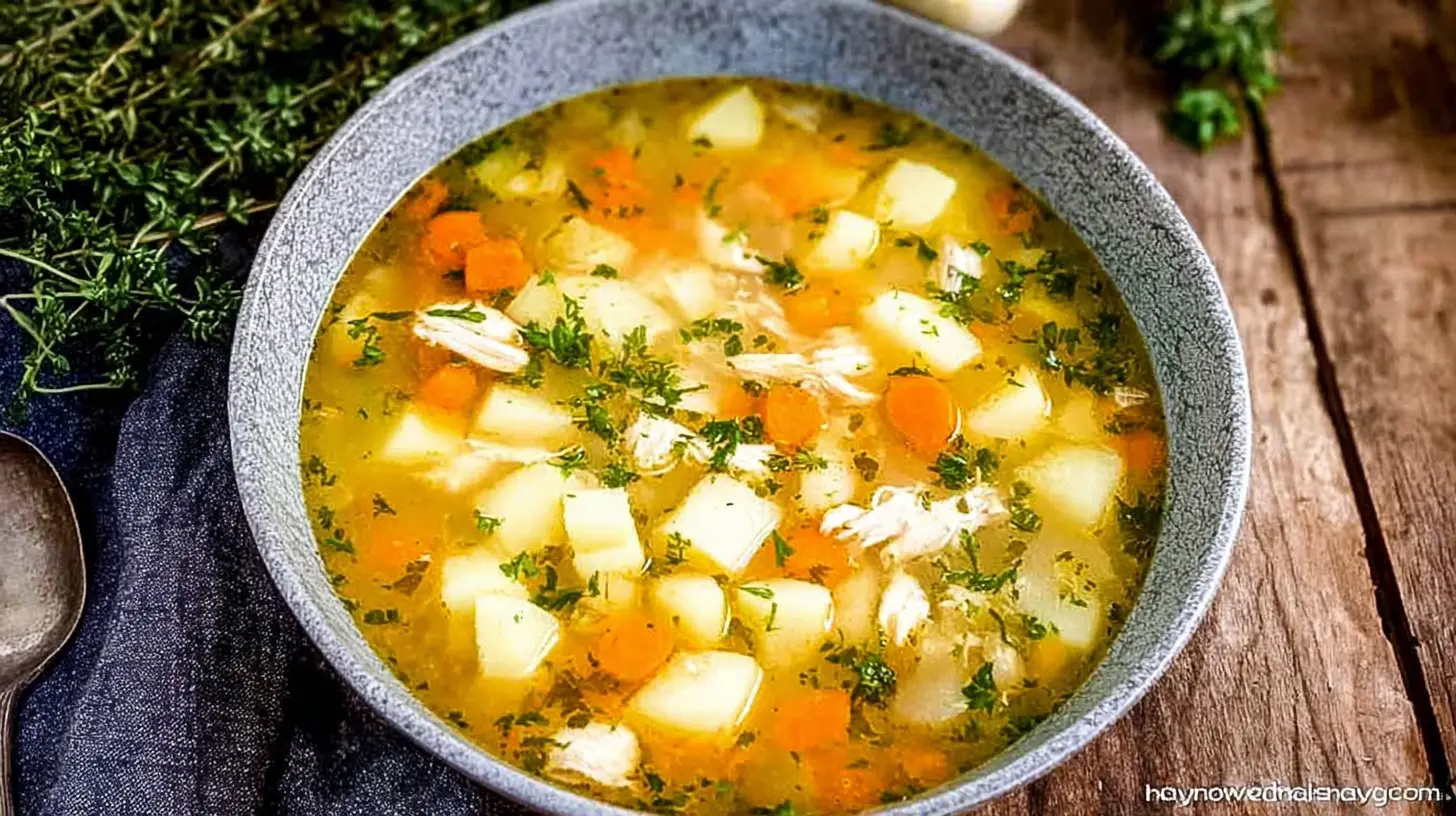 Overhead view of a hearty bowl of comforting chicken soup with potatoes, carrots, and fresh herbs in a rustic setting.