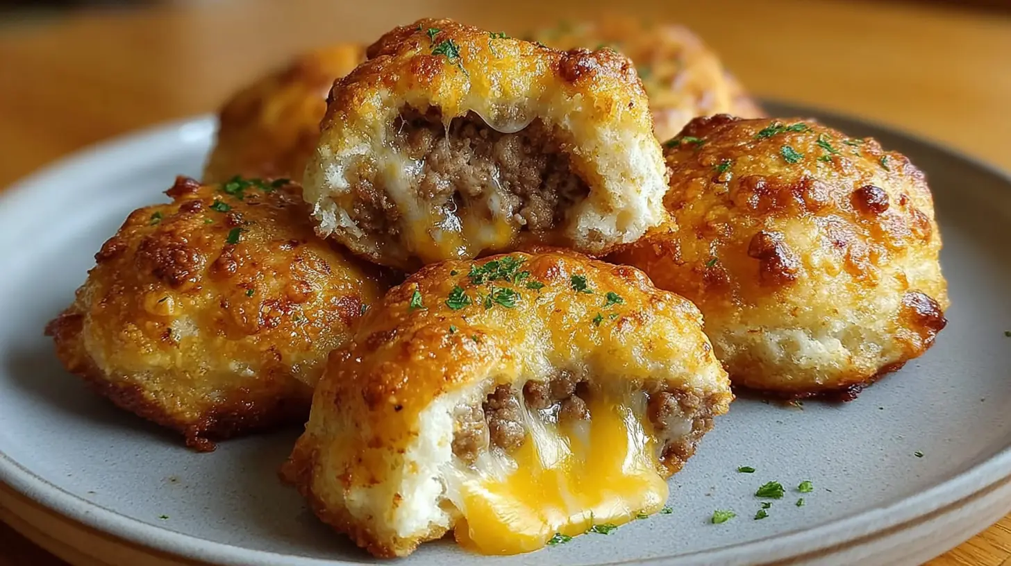 Golden-brown garlic parmesan cheeseburger bombs on a grey plate, featuring gooey melted cheese and savory meat filling.