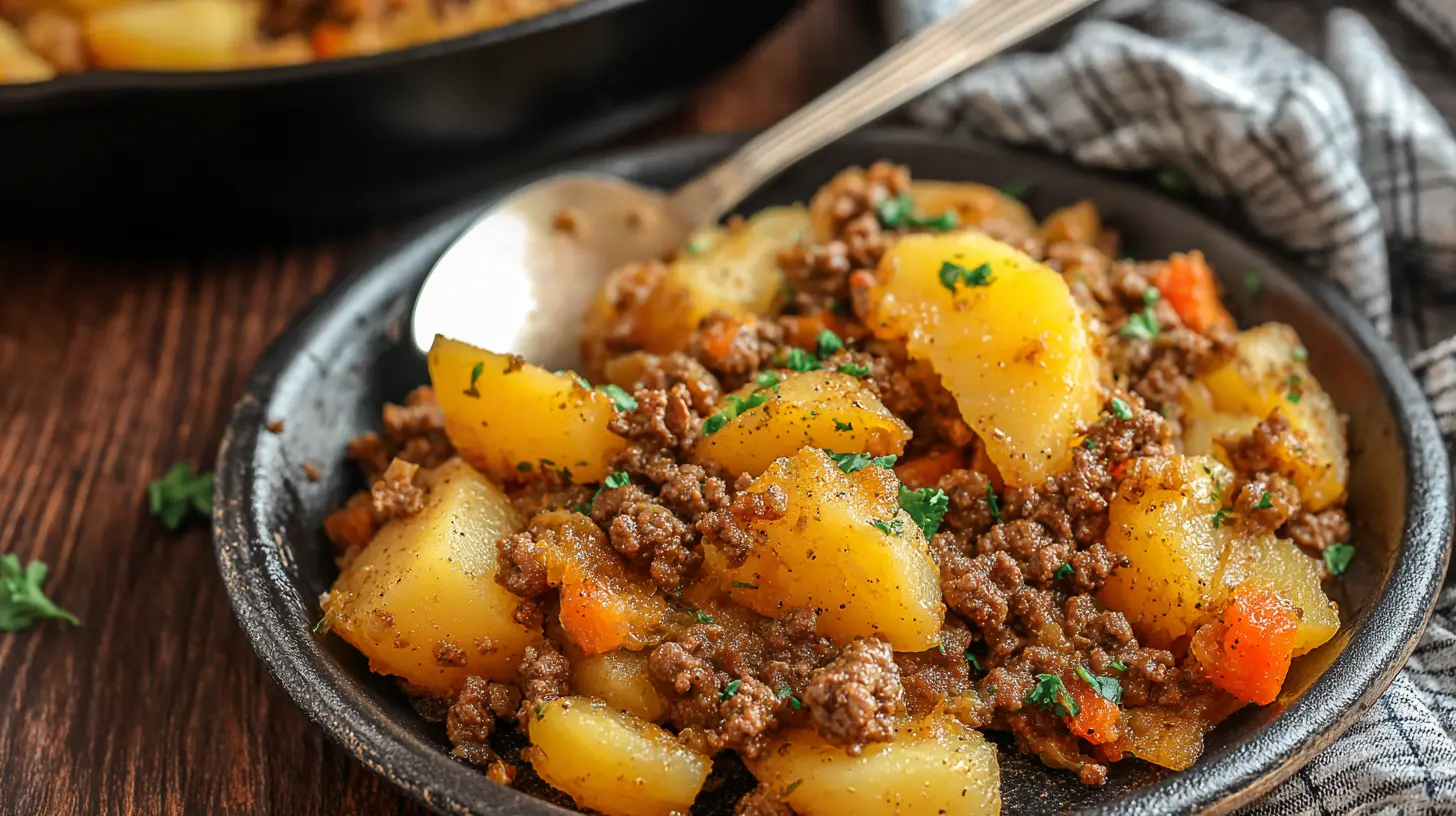 Close-up of a hearty hobo casserole ground beef recipe with golden potatoes, crumbled beef, carrots, and fresh parsley in a rustic dark bowl, ready to eat.