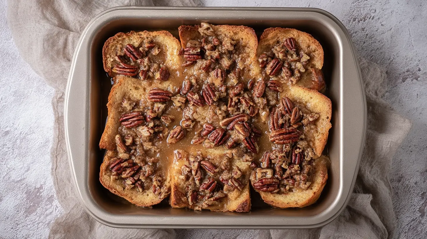 Overhead view of a delicious pioneer woman french toast casserole with a pecan praline topping in a rectangular baking dish.