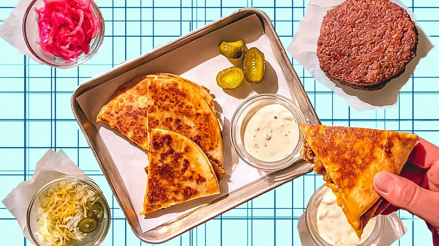 Overhead view of a tempting smashburger taco quesadilla recipe meal, showing crispy quesadilla wedges, fresh pickles, and creamy dipping sauce on a blue background.