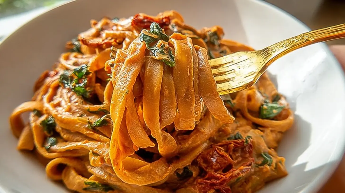 Close-up of a fork lifting a delectable portion of vegan creamy sun dried tomato pasta from a white bowl.