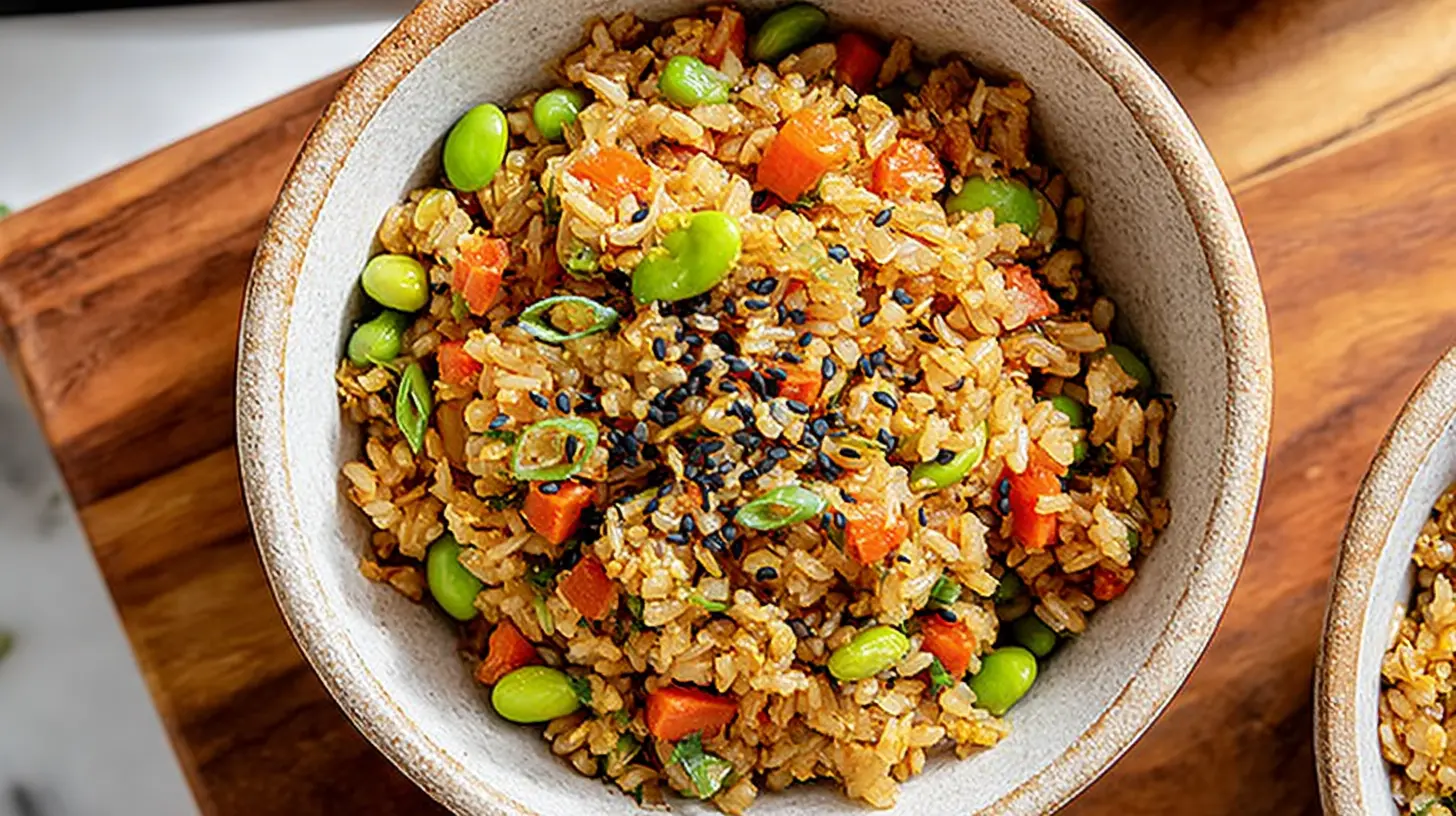 Overhead shot of a vibrant bowl of the best vegan fried rice with edamame, carrots, and scallions on a rustic wooden surface.